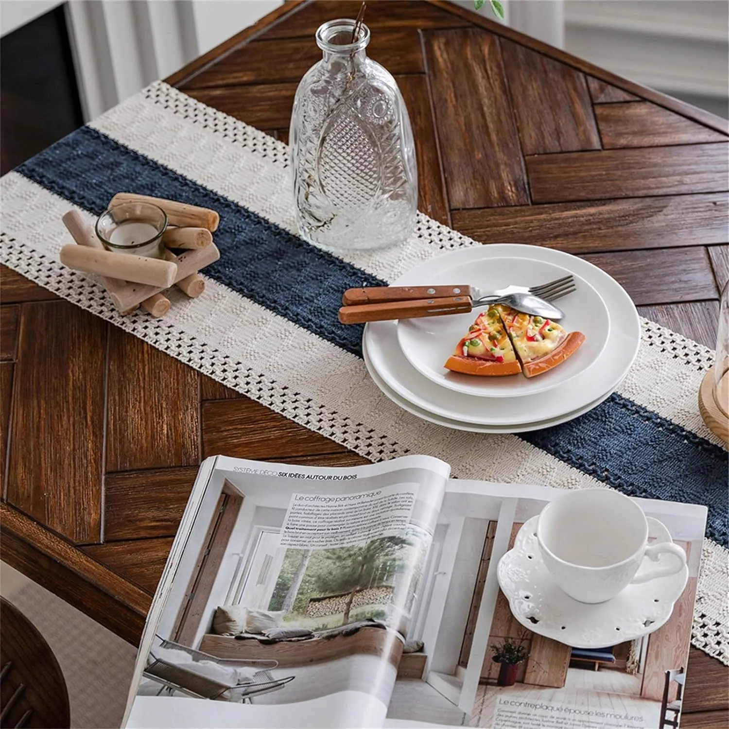 Alynsehom Macrame Table Runner Cream Beige and Blue Boho Table Runners with Tassels Hand Woven Cotton Table Runner Rustic Farmhouse Table Runners for Bohemian Kitchen Dining Table(12x108in)