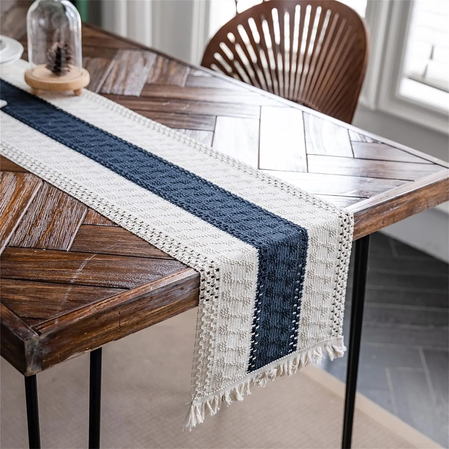 Alynsehom Macrame Table Runner Cream Beige and Blue Boho Table Runners with Tassels Hand Woven Cotton Table Runner Rustic Farmhouse Table Runners for Bohemian Kitchen Dining Table(12x108in)