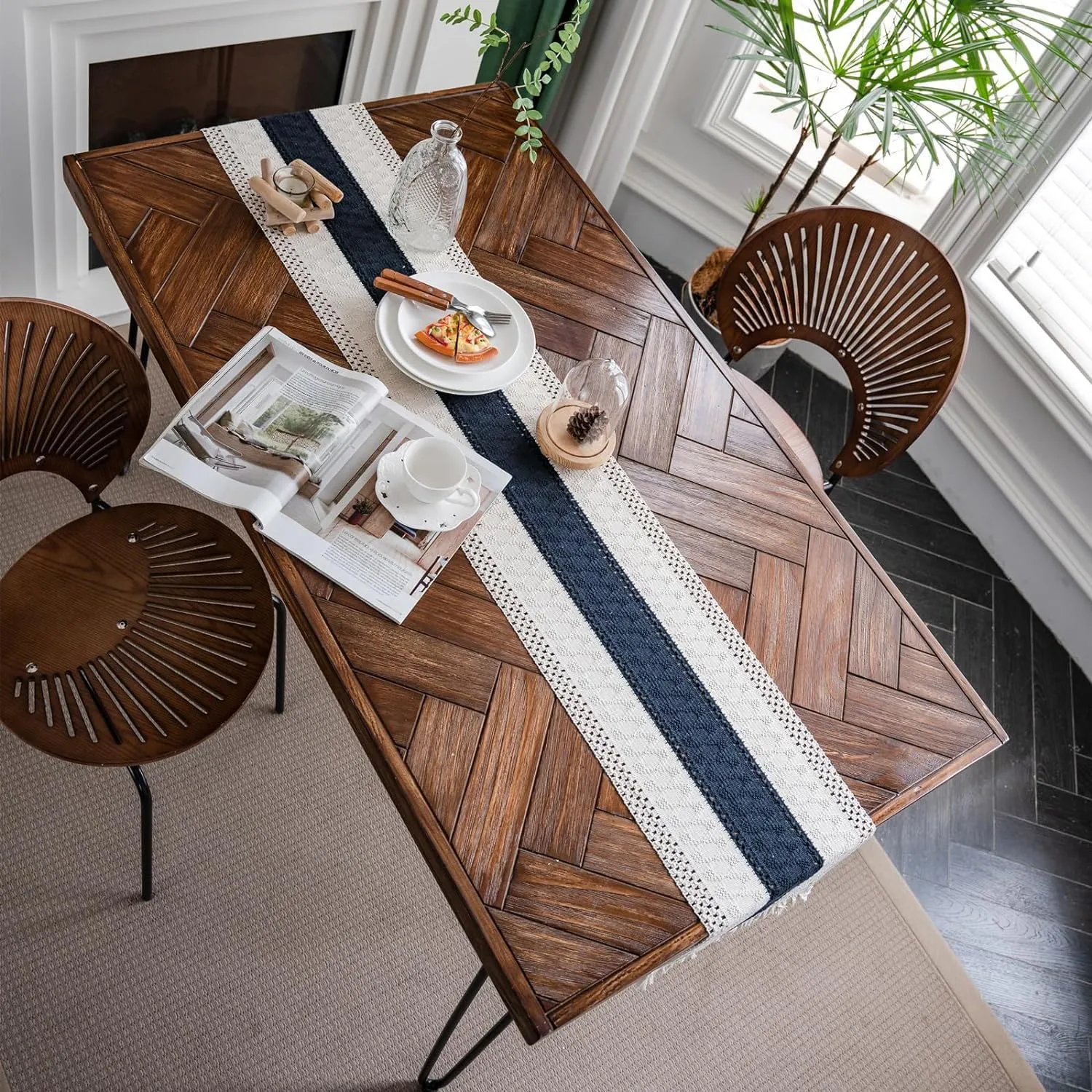 Alynsehom Macrame Table Runner Cream Beige and Blue Boho Table Runners with Tassels Hand Woven Cotton Table Runner Rustic Farmhouse Table Runners for Bohemian Kitchen Dining Table(12x108in)