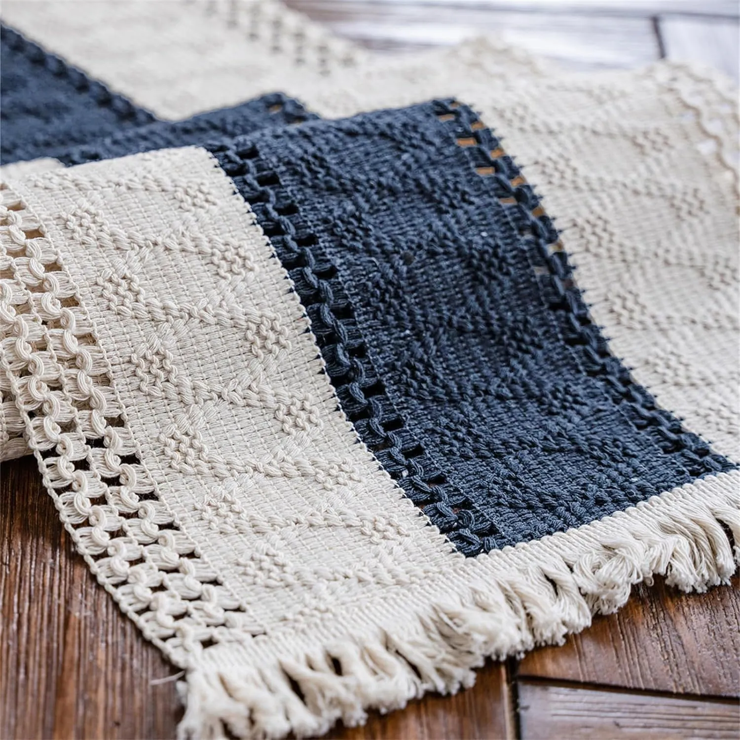 Alynsehom Macrame Table Runner Cream Beige and Blue Boho Table Runners with Tassels Hand Woven Cotton Table Runner Rustic Farmhouse Table Runners for Bohemian Kitchen Dining Table(12x108in)