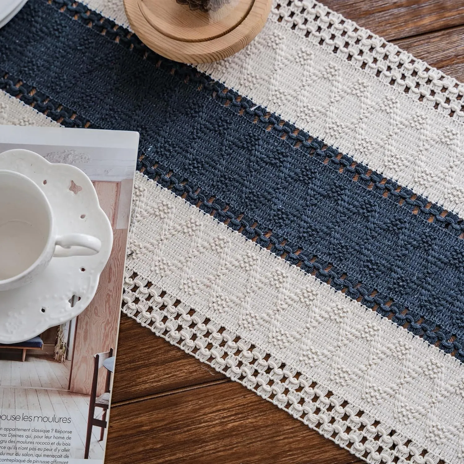 Alynsehom Macrame Table Runner Cream Beige and Blue Boho Table Runners with Tassels Hand Woven Cotton Table Runner Rustic Farmhouse Table Runners for Bohemian Kitchen Dining Table(12x108in)