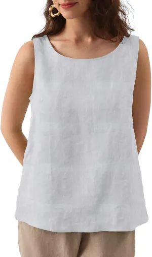 Amazhiyu Natural Linen Sleeveless Tank Tops Basic Summer Casual Crewneck Blouse