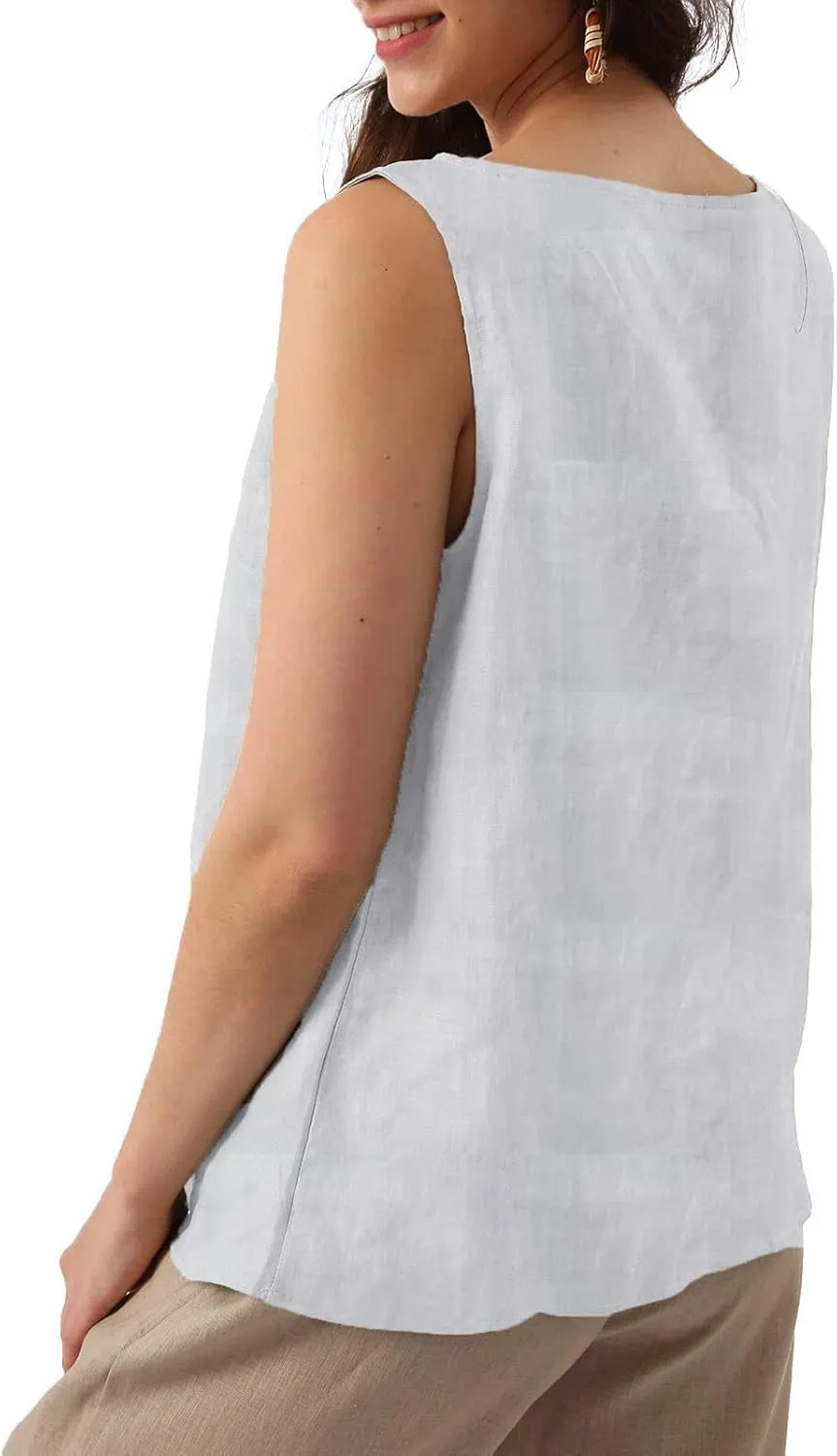 Amazhiyu Natural Linen Sleeveless Tank Tops Basic Summer Casual Crewneck Blouse