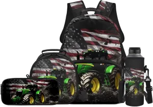 American Flag Tractor Backpack for Boys Girls School Bag with Lunch Bag Pencil Case Water Bottle Holder Elementary Cute Bookbag for Kids 4 Piece Back to School Supplies
