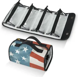 American Flag Vintage Bird Travel Toiletry Bag for Women, 4 in 1 Roll Up Makeup Cosmetic Bag With 4 Removable PVC Zipper Pouch