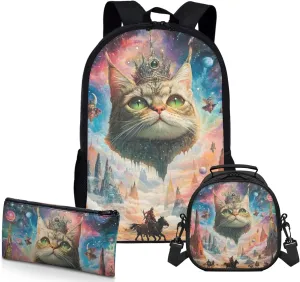 AmzPrint Snowshoe Cat Backpack Matching Lunch Box Combo For Boys Elementary School 3 In 1 Backpack Set
