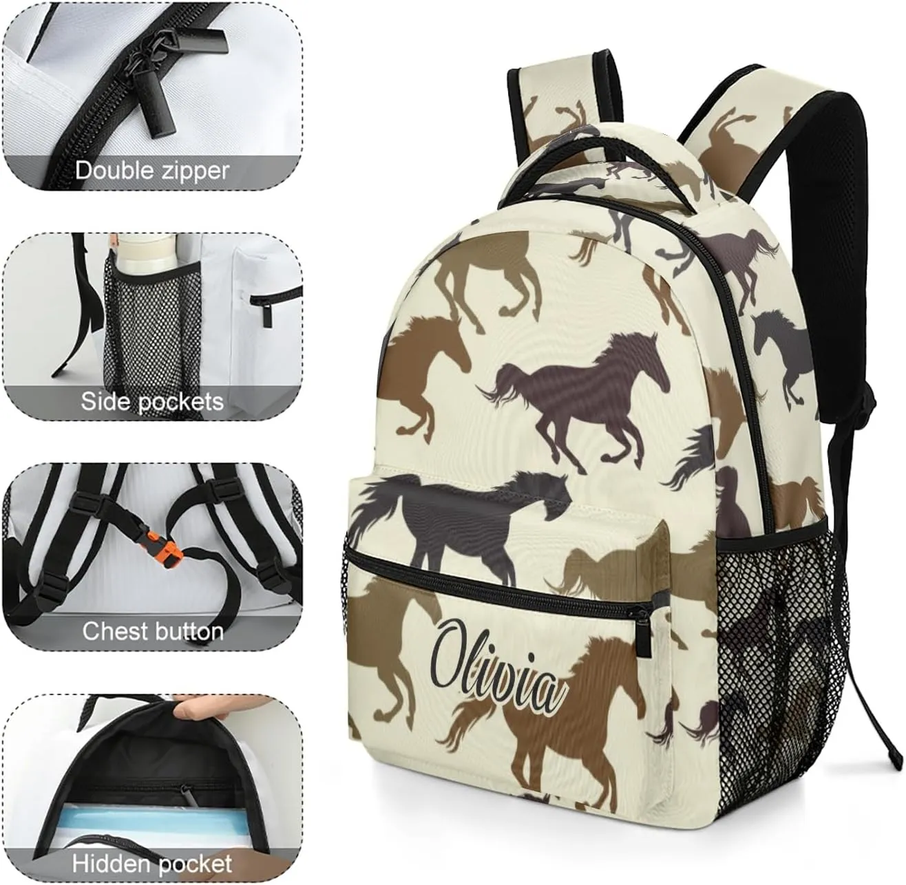 Animal Running Horse Backpack Personalized Name Waterproof Travel Bag for Boys Girls Gift