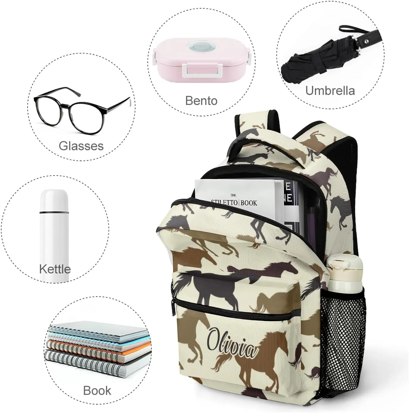 Animal Running Horse Backpack Personalized Name Waterproof Travel Bag for Boys Girls Gift