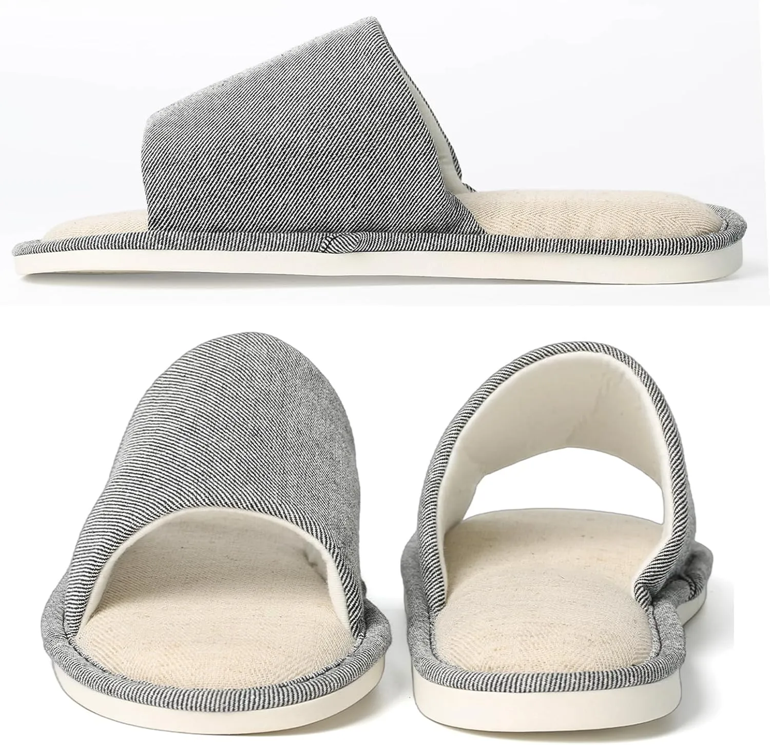 Anmerl Summer House Slippers for Women & Men, Indoor/Outdoor Open Toe Washable Slides with Non-Slip Sole, Breathable Cotton Linen Shower Shoes for Home Travel Spa