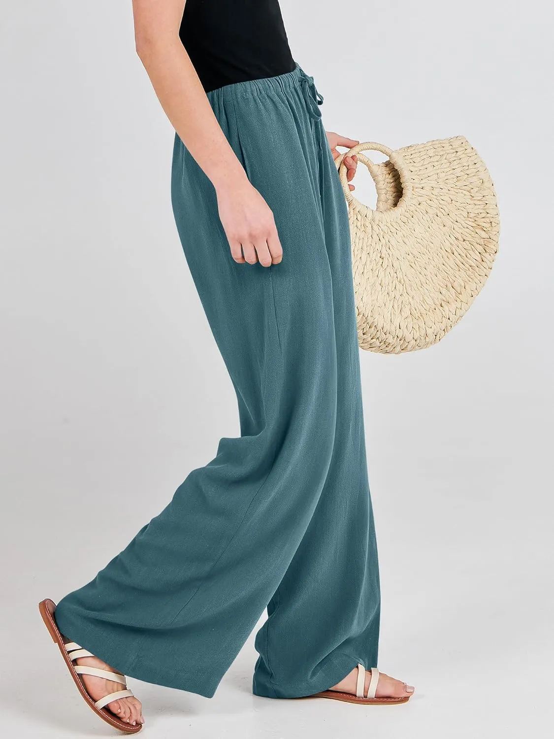 ANRABESS Womens Linen Palazzo Pants Summer Flowy Wide Leg Drawstring Casual Trousers with Pockets Beach Vacation Outfits