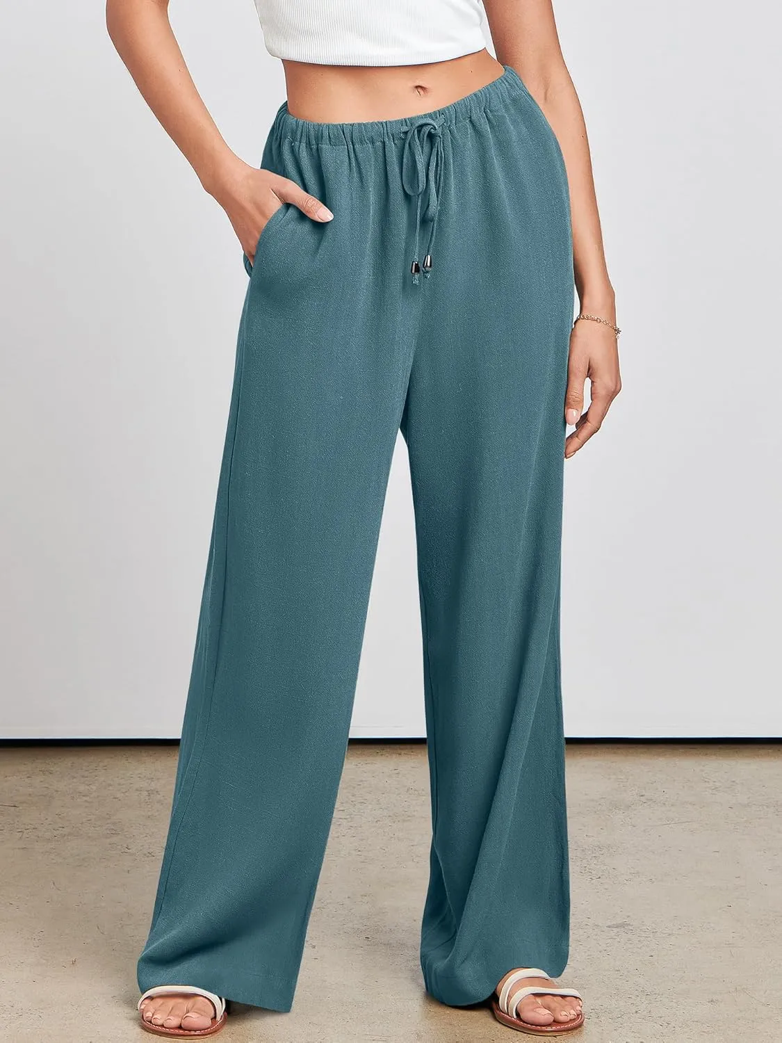 ANRABESS Womens Linen Palazzo Pants Summer Flowy Wide Leg Drawstring Casual Trousers with Pockets Beach Vacation Outfits