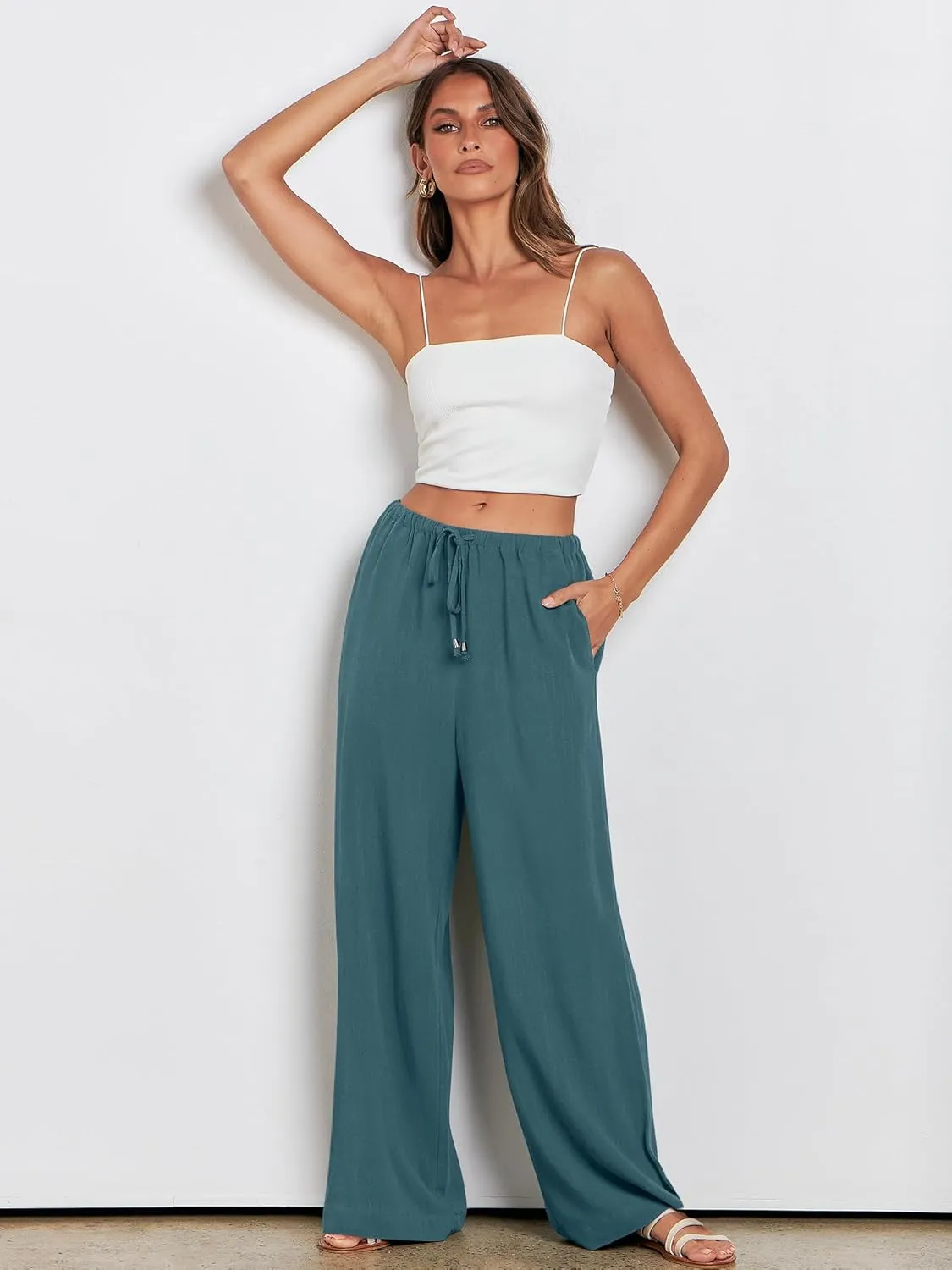 ANRABESS Womens Linen Palazzo Pants Summer Flowy Wide Leg Drawstring Casual Trousers with Pockets Beach Vacation Outfits