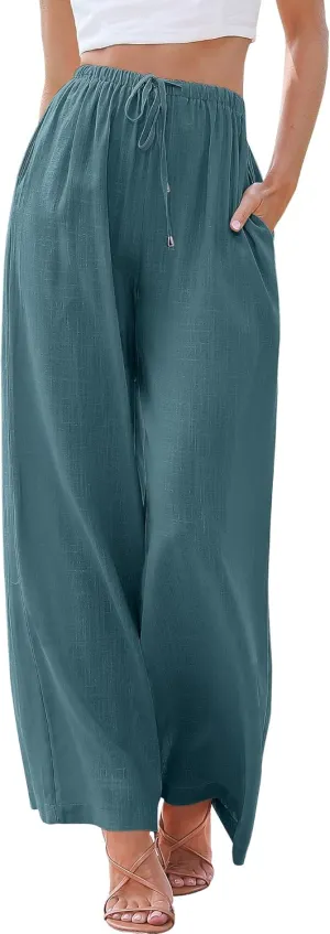 ANRABESS Womens Linen Palazzo Pants Summer Flowy Wide Leg Drawstring Casual Trousers with Pockets Beach Vacation Outfits