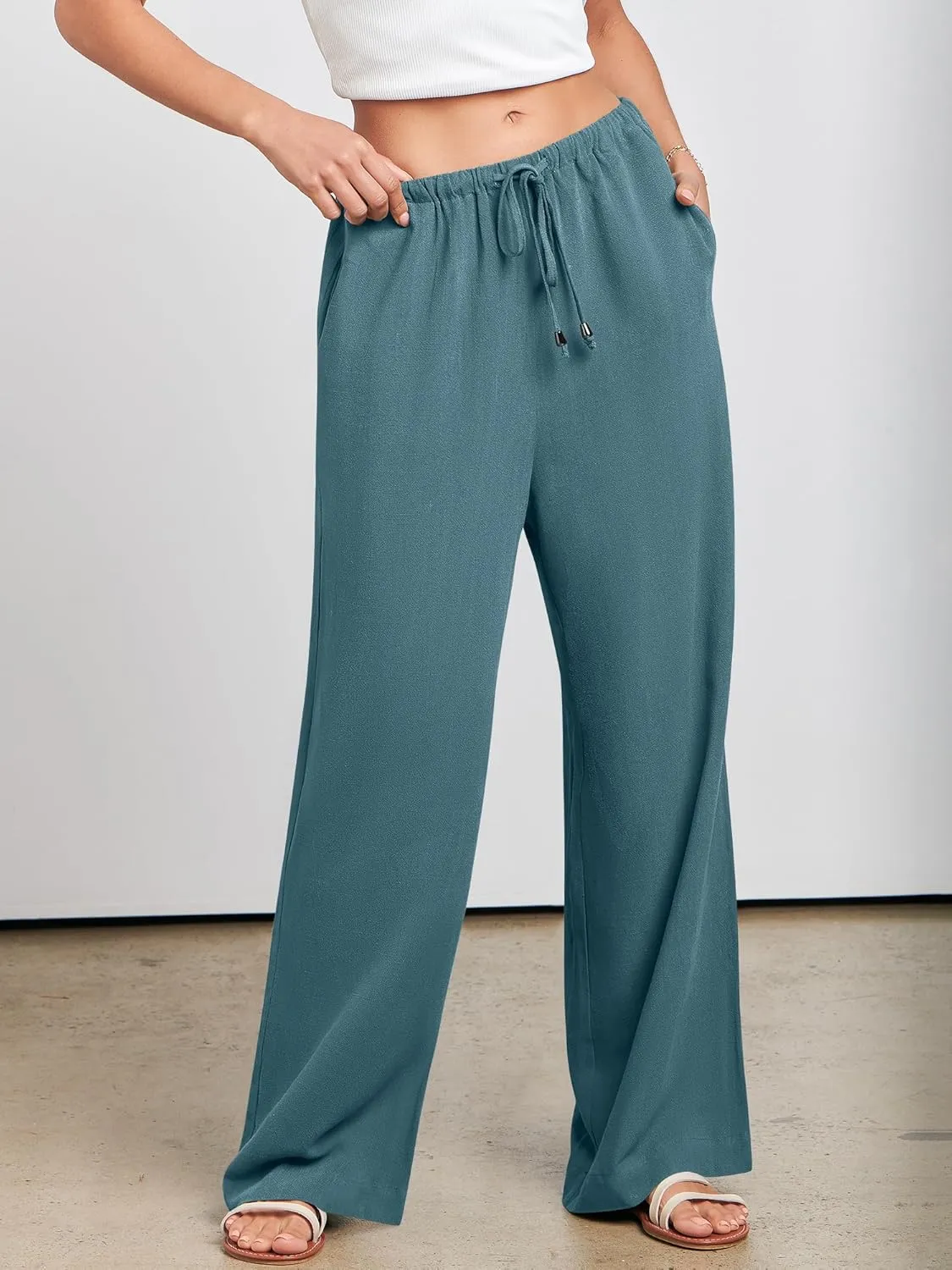 ANRABESS Womens Linen Palazzo Pants Summer Flowy Wide Leg Drawstring Casual Trousers with Pockets Beach Vacation Outfits