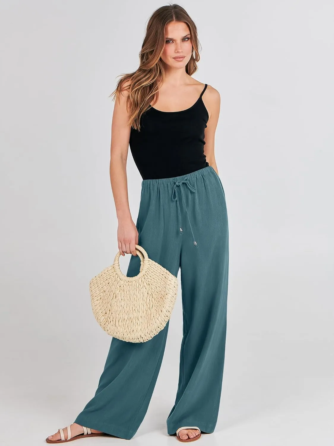 ANRABESS Womens Linen Palazzo Pants Summer Flowy Wide Leg Drawstring Casual Trousers with Pockets Beach Vacation Outfits