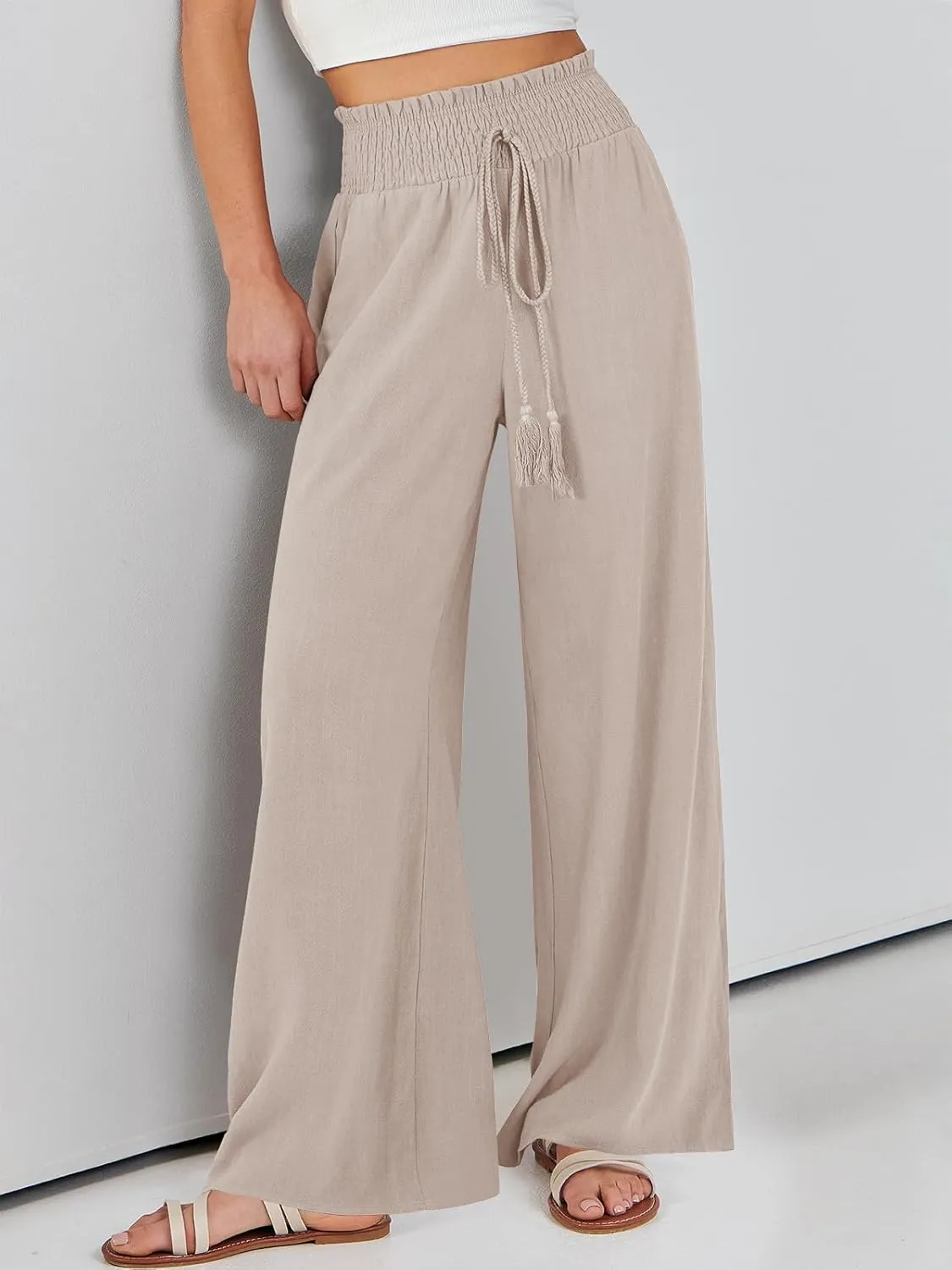 ANRABESS Women's Linen Pants Summer Casual Palazzo Beach Pant Drawstring High Waist Wide Leg Trousers Vacation Outfits