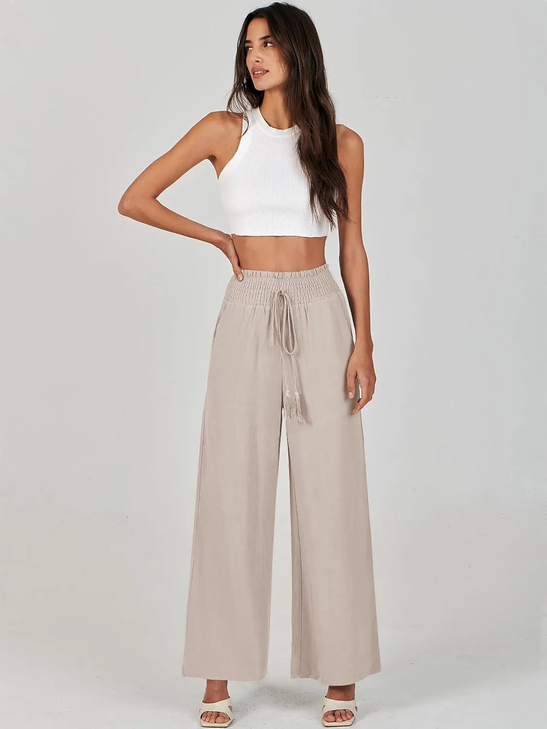 ANRABESS Women's Linen Pants Summer Casual Palazzo Beach Pant Drawstring High Waist Wide Leg Trousers Vacation Outfits