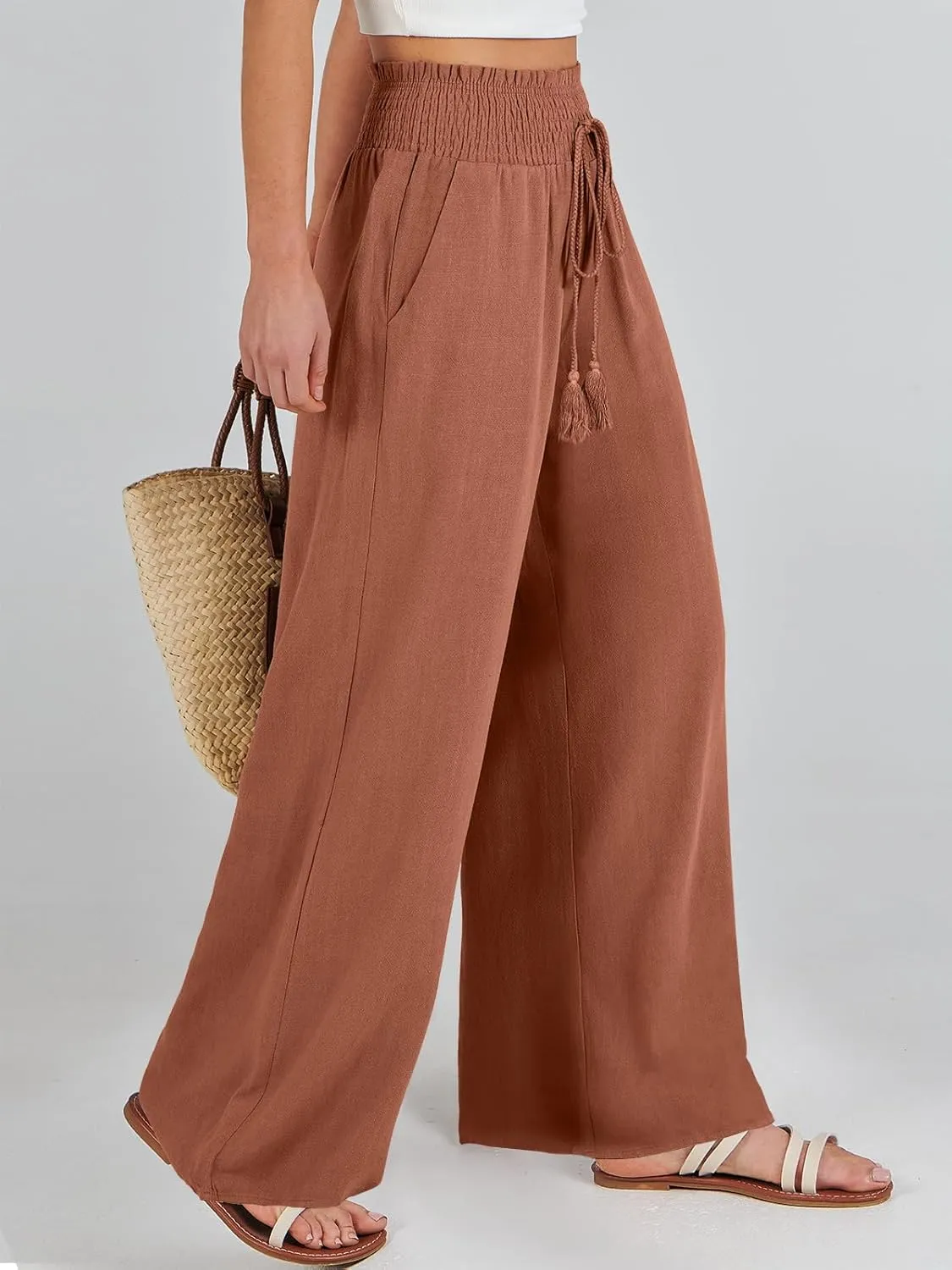 ANRABESS Women's Linen Pants Summer Casual Palazzo Beach Pant Drawstring High Waist Wide Leg Trousers Vacation Outfits