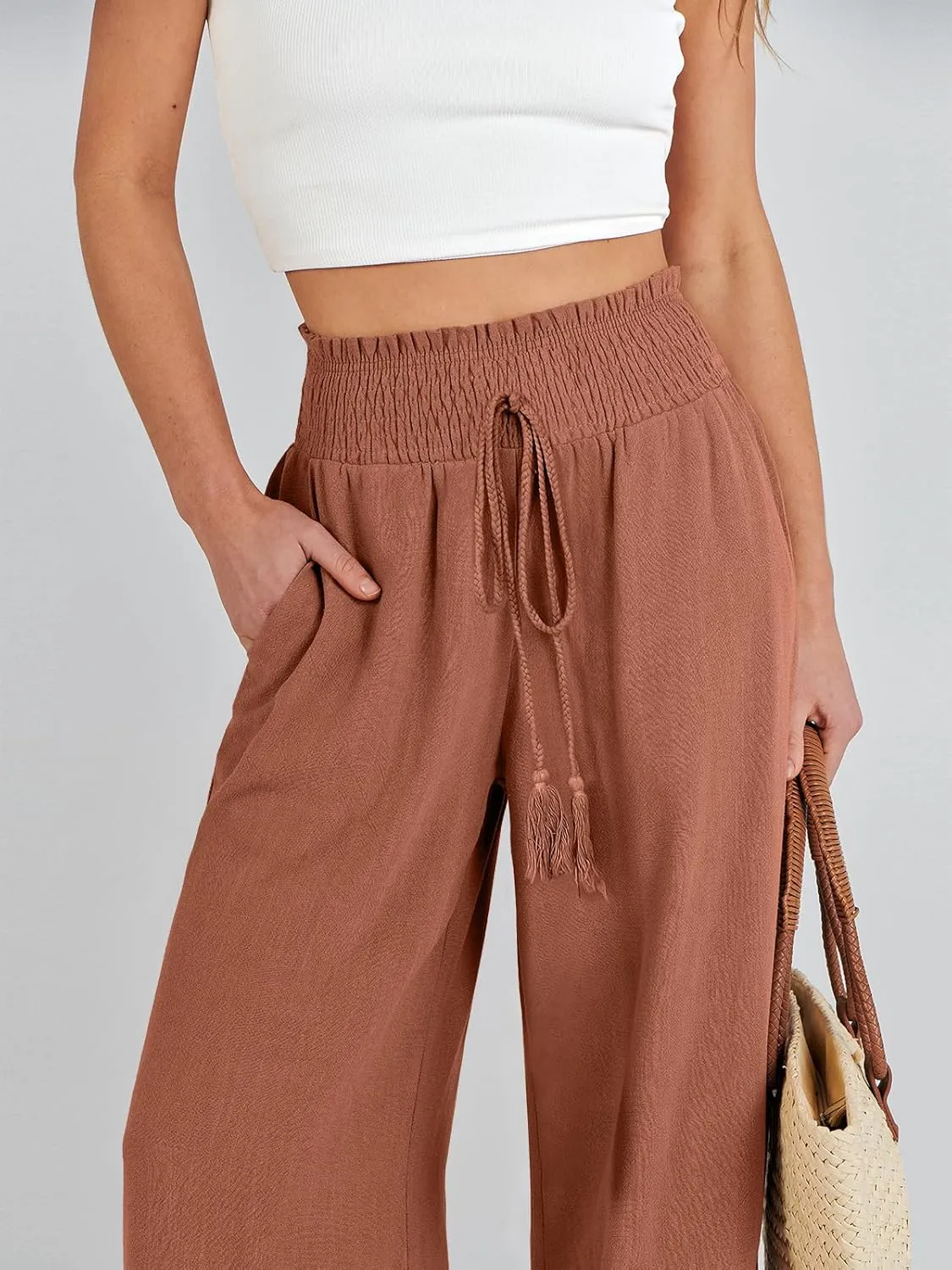 ANRABESS Women's Linen Pants Summer Casual Palazzo Beach Pant Drawstring High Waist Wide Leg Trousers Vacation Outfits