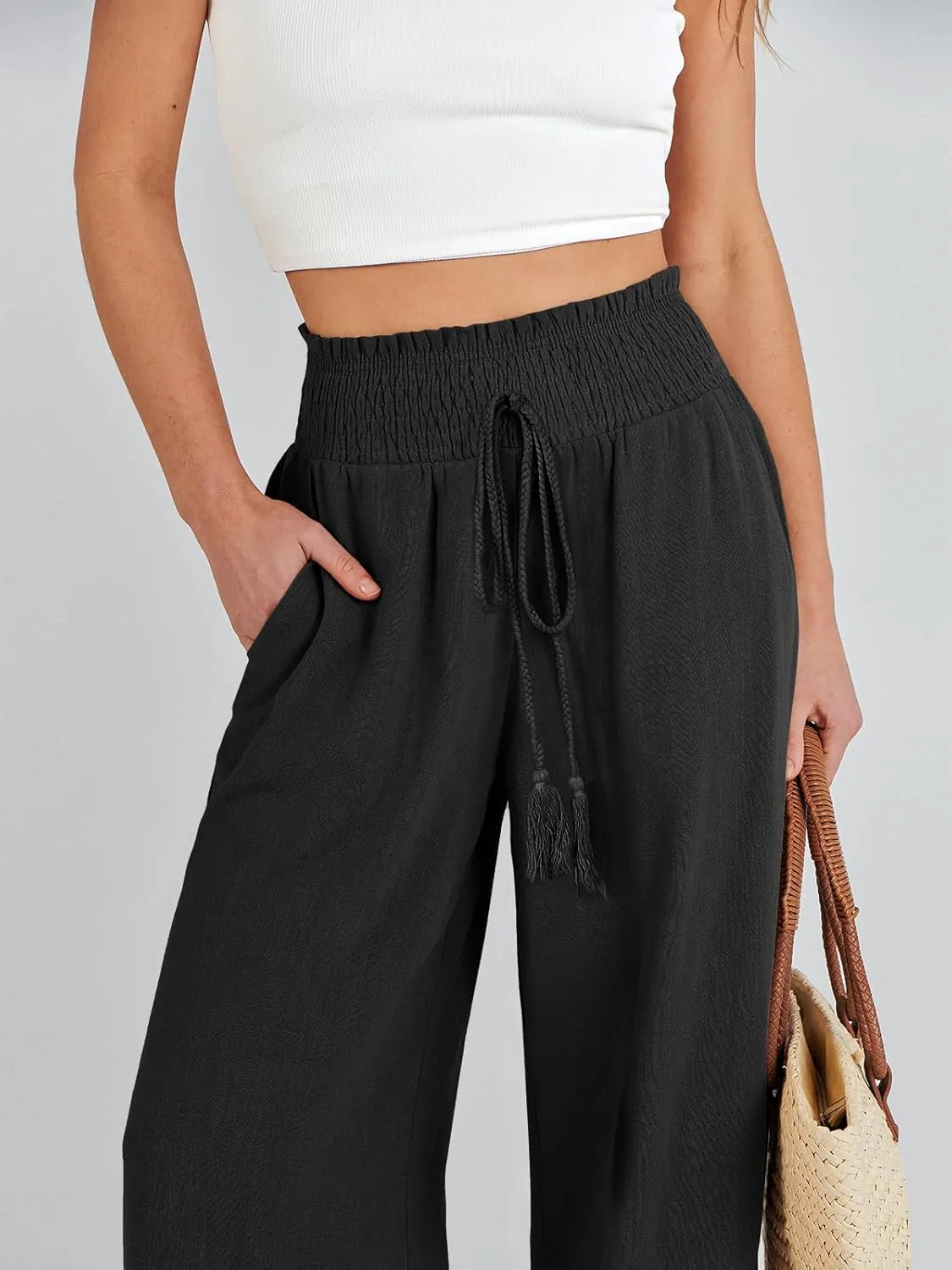 ANRABESS Women's Linen Pants Summer Casual Palazzo Beach Pant Drawstring High Waist Wide Leg Trousers Vacation Outfits