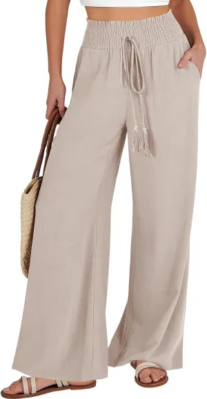 ANRABESS Women's Linen Pants Summer Casual Palazzo Beach Pant Drawstring High Waist Wide Leg Trousers Vacation Outfits