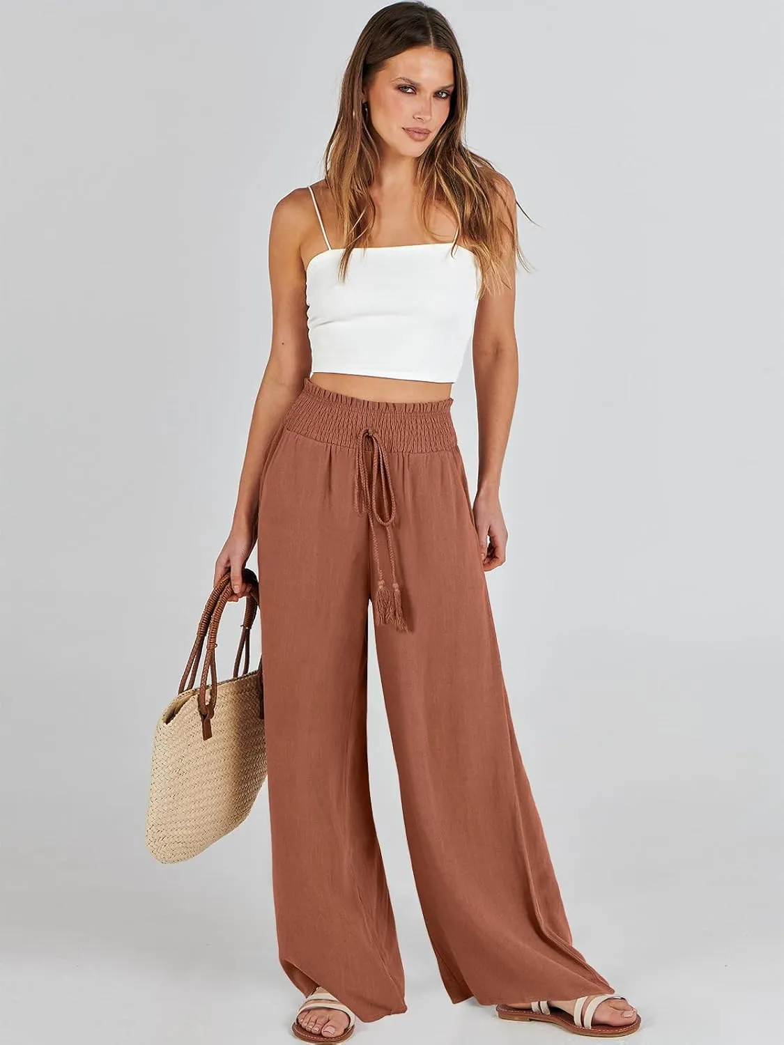 ANRABESS Women's Linen Pants Summer Casual Palazzo Beach Pant Drawstring High Waist Wide Leg Trousers Vacation Outfits