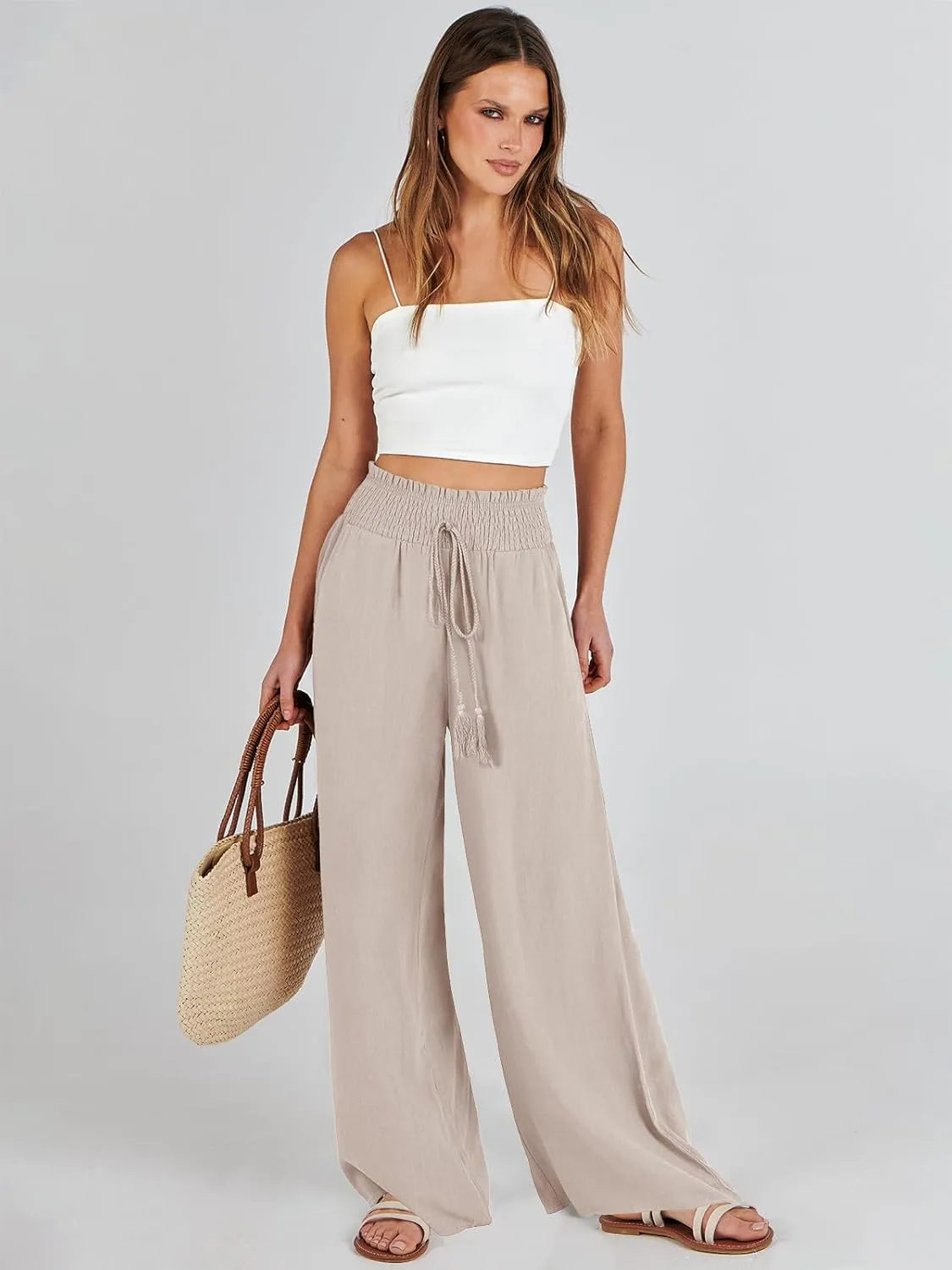 ANRABESS Women's Linen Pants Summer Casual Palazzo Beach Pant Drawstring High Waist Wide Leg Trousers Vacation Outfits