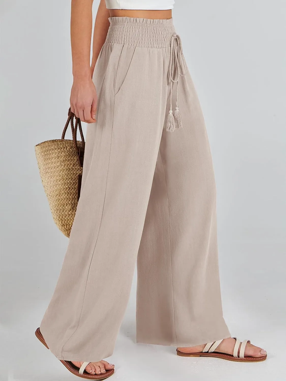ANRABESS Women's Linen Pants Summer Casual Palazzo Beach Pant Drawstring High Waist Wide Leg Trousers Vacation Outfits