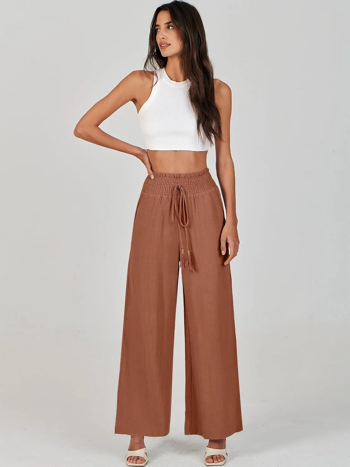 ANRABESS Women's Linen Pants Summer Casual Palazzo Beach Pant Drawstring High Waist Wide Leg Trousers Vacation Outfits