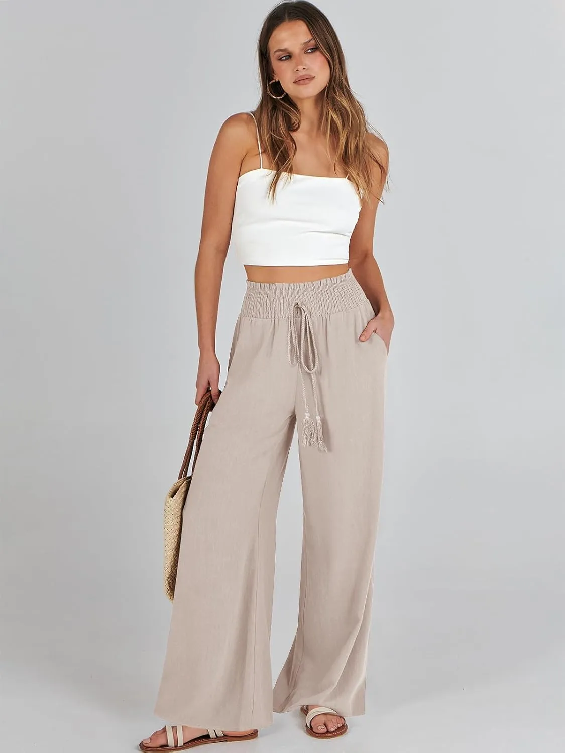 ANRABESS Women's Linen Pants Summer Casual Palazzo Beach Pant Drawstring High Waist Wide Leg Trousers Vacation Outfits