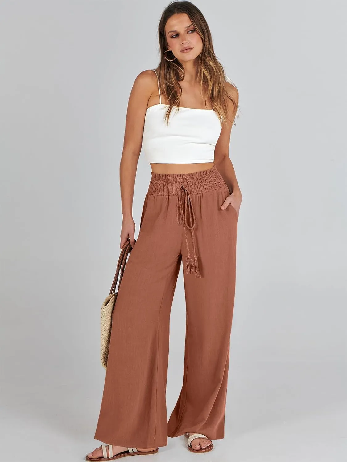 ANRABESS Women's Linen Pants Summer Casual Palazzo Beach Pant Drawstring High Waist Wide Leg Trousers Vacation Outfits