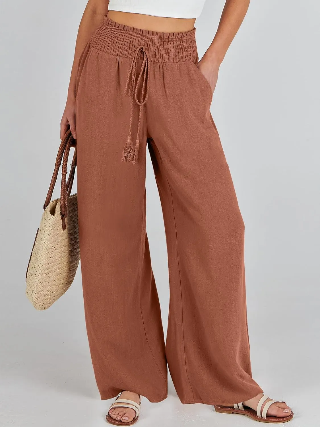 ANRABESS Women's Linen Pants Summer Casual Palazzo Beach Pant Drawstring High Waist Wide Leg Trousers Vacation Outfits