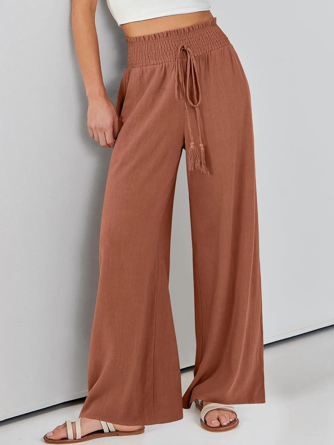 ANRABESS Women's Linen Pants Summer Casual Palazzo Beach Pant Drawstring High Waist Wide Leg Trousers Vacation Outfits