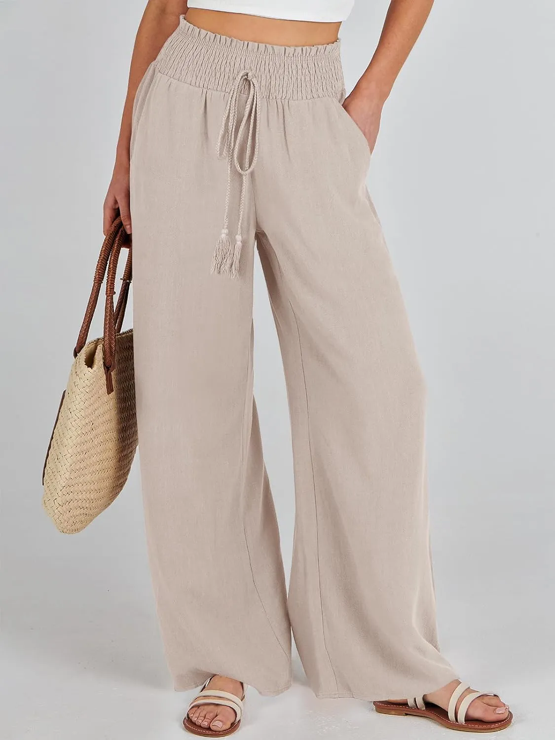 ANRABESS Women's Linen Pants Summer Casual Palazzo Beach Pant Drawstring High Waist Wide Leg Trousers Vacation Outfits
