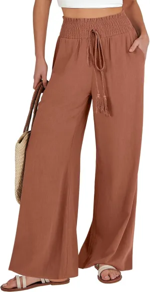 ANRABESS Women's Linen Pants Summer Casual Palazzo Beach Pant Drawstring High Waist Wide Leg Trousers Vacation Outfits