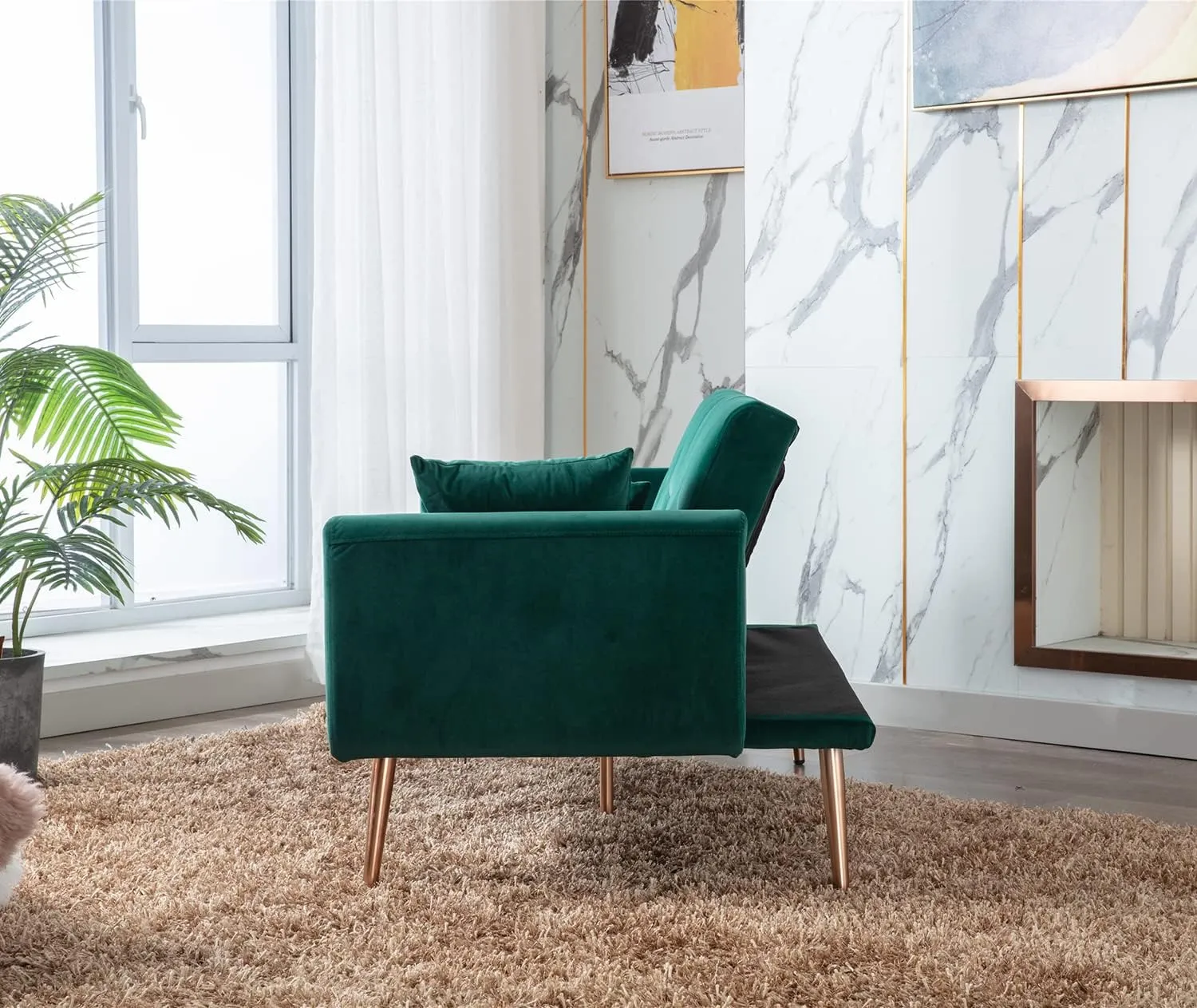 Antetek Velvet Futon Sofa Bed with 3 Adjustable Positions, Small Sleeper Sofa Loveseat with 2 Decorative Pillows, Modern Upholstered Convertible Couch with 5 Metal Tapered Legs (Green)