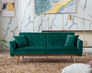 Antetek Velvet Futon Sofa Bed with 3 Adjustable Positions, Small Sleeper Sofa Loveseat with 2 Decorative Pillows, Modern Upholstered Convertible Couch with 5 Metal Tapered Legs (Green)