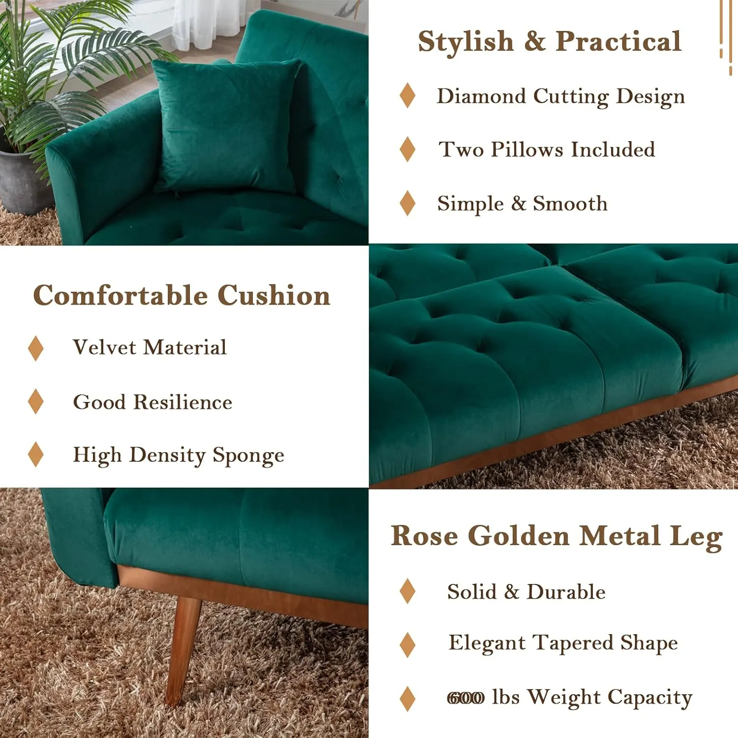 Antetek Velvet Futon Sofa Bed with 3 Adjustable Positions, Small Sleeper Sofa Loveseat with 2 Decorative Pillows, Modern Upholstered Convertible Couch with 5 Metal Tapered Legs (Green)