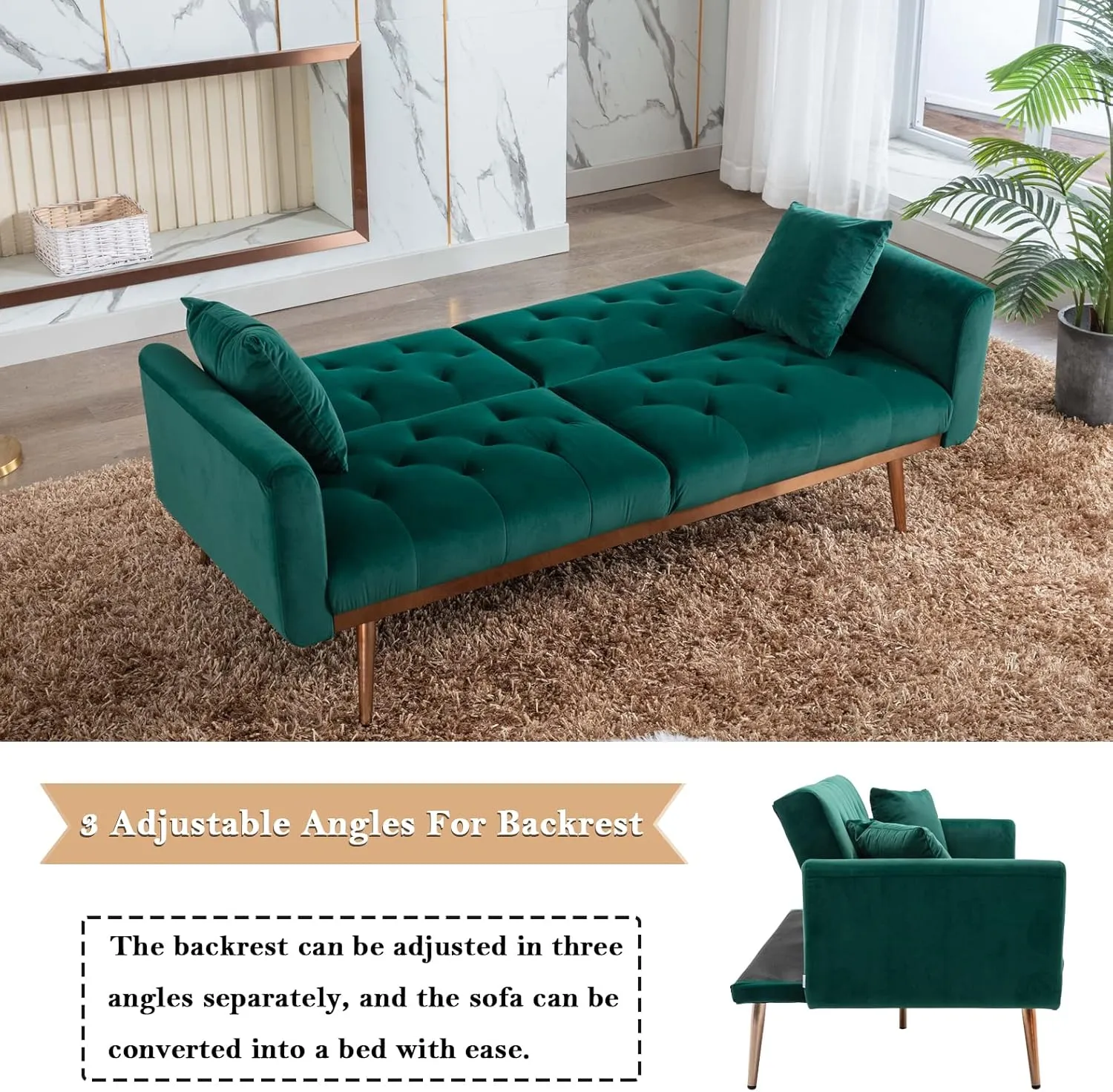 Antetek Velvet Futon Sofa Bed with 3 Adjustable Positions, Small Sleeper Sofa Loveseat with 2 Decorative Pillows, Modern Upholstered Convertible Couch with 5 Metal Tapered Legs (Green)