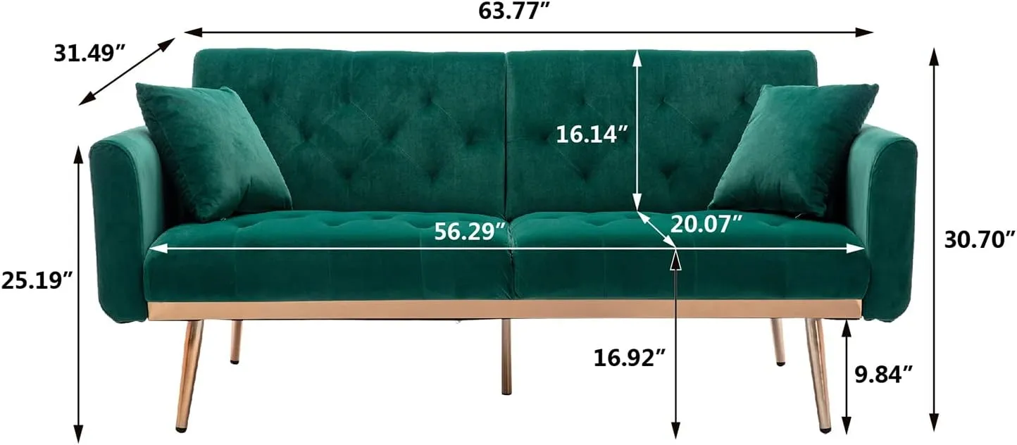 Antetek Velvet Futon Sofa Bed with 3 Adjustable Positions, Small Sleeper Sofa Loveseat with 2 Decorative Pillows, Modern Upholstered Convertible Couch with 5 Metal Tapered Legs (Green)