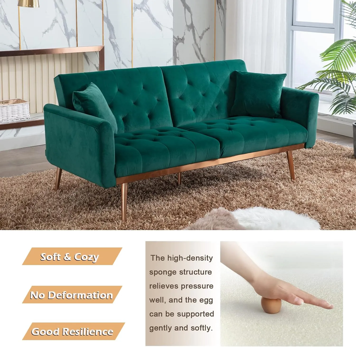 Antetek Velvet Futon Sofa Bed with 3 Adjustable Positions, Small Sleeper Sofa Loveseat with 2 Decorative Pillows, Modern Upholstered Convertible Couch with 5 Metal Tapered Legs (Green)