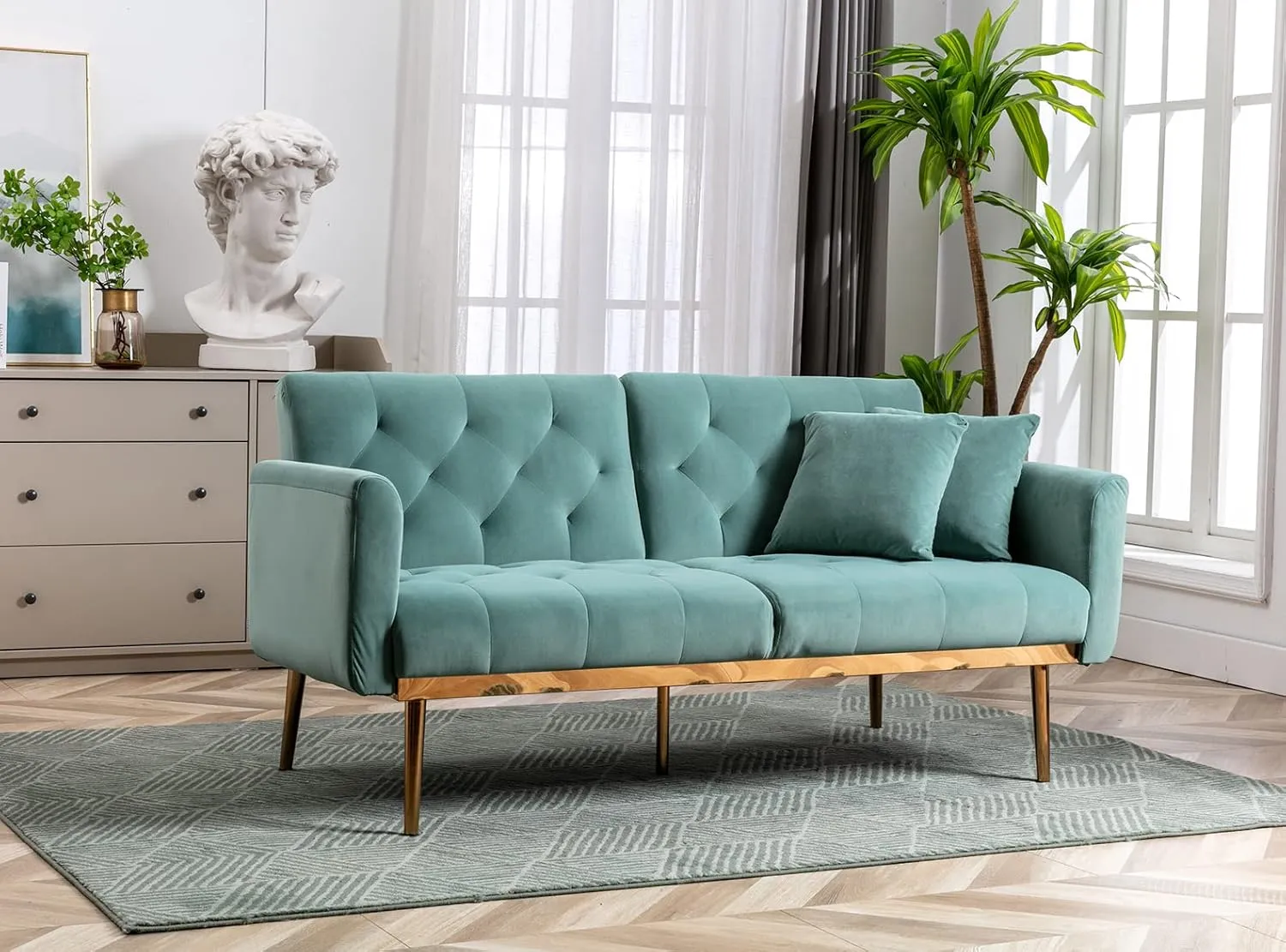 Antetek Velvet Futon Sofa Bed with 3 Adjustable Positions, Small Sleeper Sofa Loveseat with 2 Decorative Pillows, Modern Upholstered Convertible Couch with 5 Metal Tapered Legs (Mint Green)