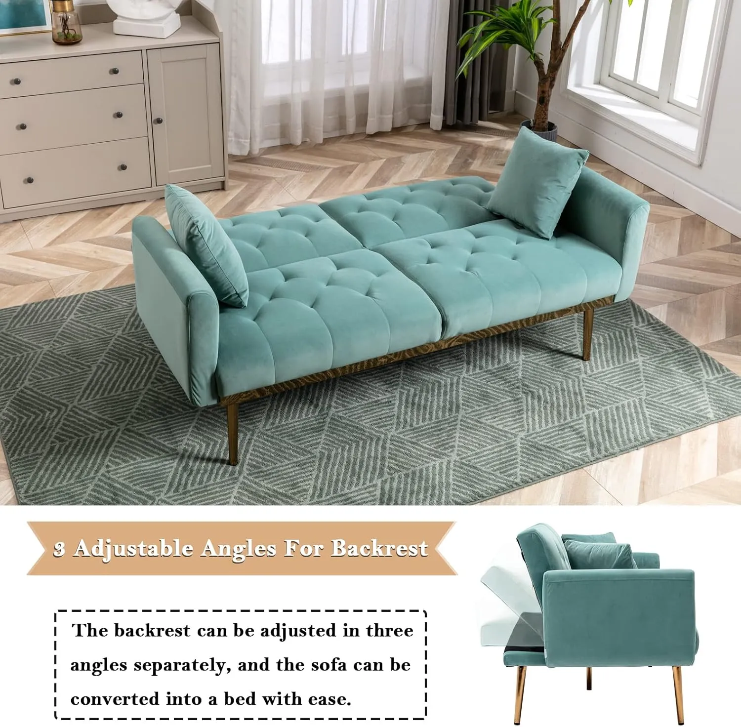 Antetek Velvet Futon Sofa Bed with 3 Adjustable Positions, Small Sleeper Sofa Loveseat with 2 Decorative Pillows, Modern Upholstered Convertible Couch with 5 Metal Tapered Legs (Mint Green)