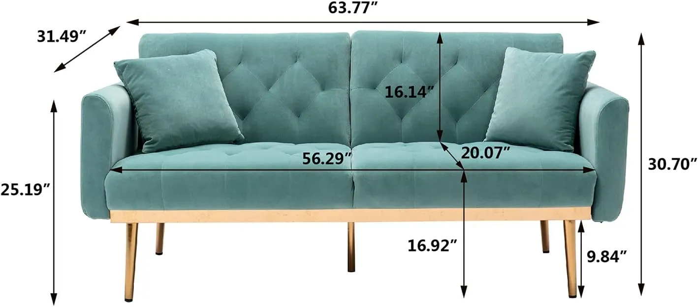 Antetek Velvet Futon Sofa Bed with 3 Adjustable Positions, Small Sleeper Sofa Loveseat with 2 Decorative Pillows, Modern Upholstered Convertible Couch with 5 Metal Tapered Legs (Mint Green)