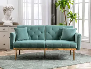 Antetek Velvet Futon Sofa Bed with 3 Adjustable Positions, Small Sleeper Sofa Loveseat with 2 Decorative Pillows, Modern Upholstered Convertible Couch with 5 Metal Tapered Legs (Mint Green)
