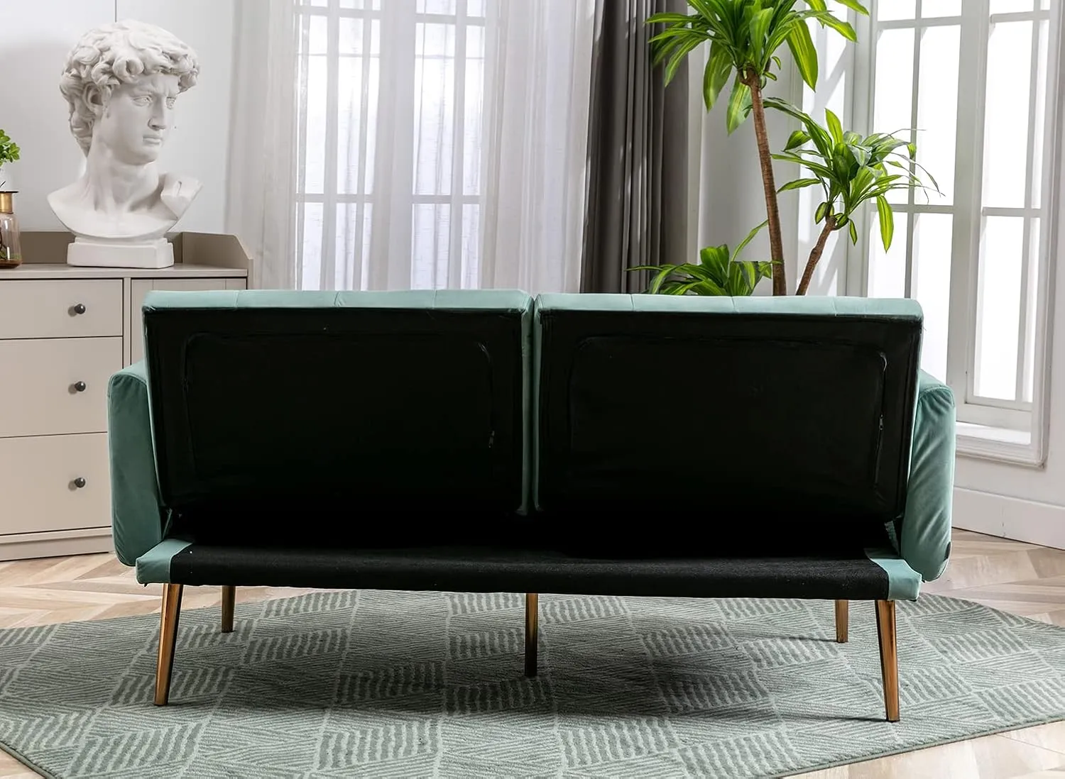 Antetek Velvet Futon Sofa Bed with 3 Adjustable Positions, Small Sleeper Sofa Loveseat with 2 Decorative Pillows, Modern Upholstered Convertible Couch with 5 Metal Tapered Legs (Mint Green)