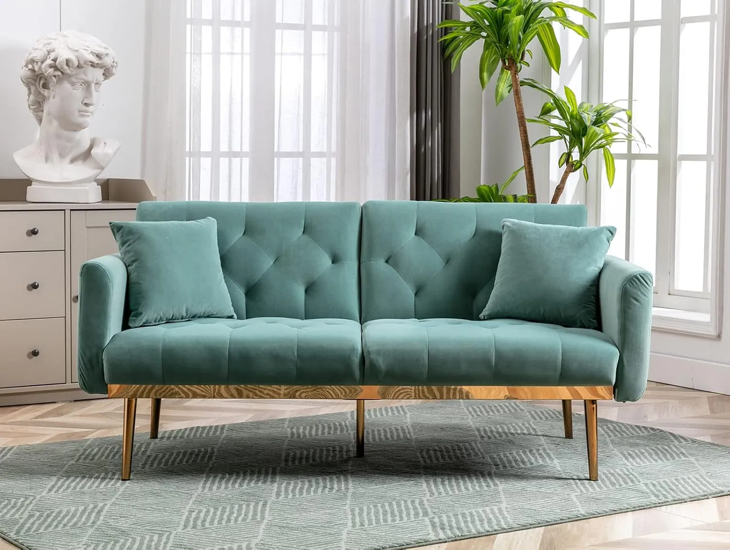 Antetek Velvet Futon Sofa Bed with 3 Adjustable Positions, Small Sleeper Sofa Loveseat with 2 Decorative Pillows, Modern Upholstered Convertible Couch with 5 Metal Tapered Legs (Mint Green)