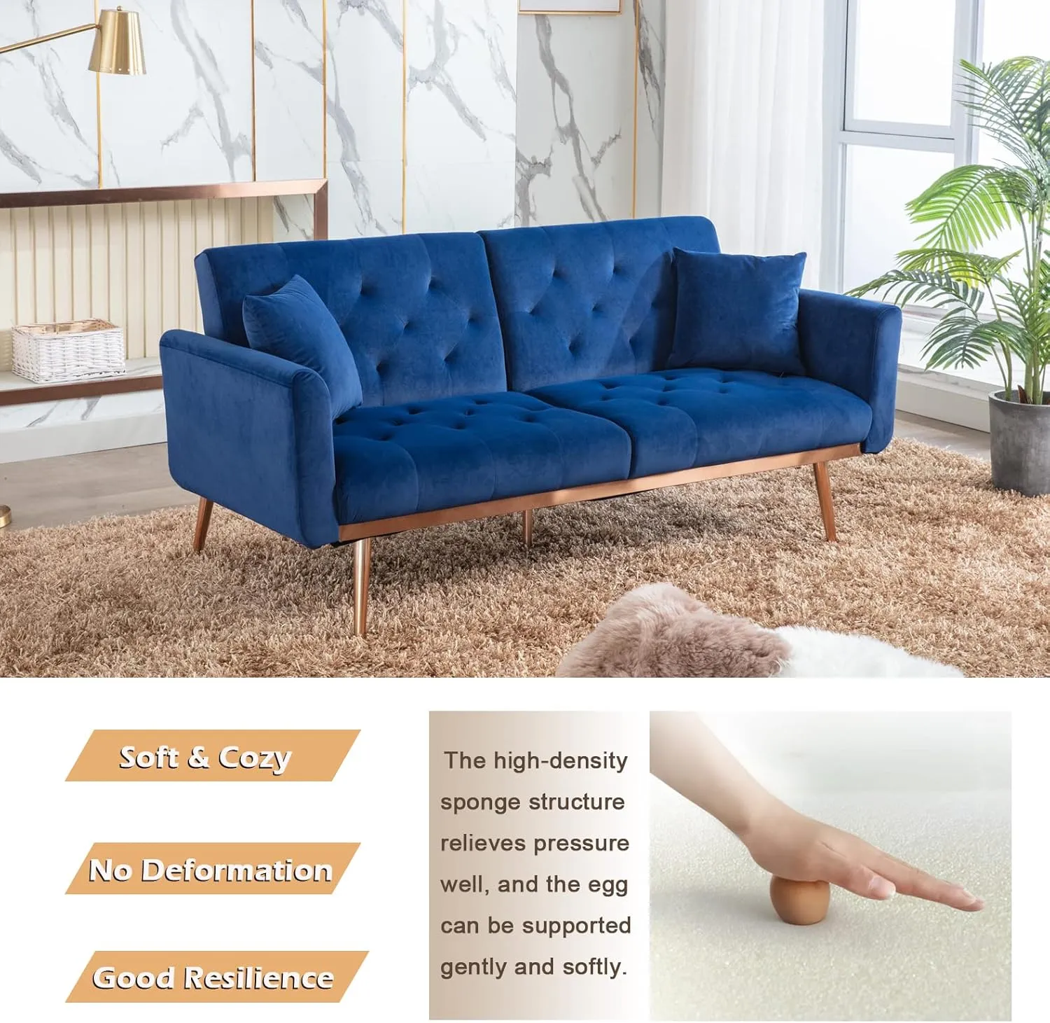 Antetek Velvet Futon Sofa Bed with 3 Adjustable Positions, Small Sleeper Sofa Loveseat with 2 Decorative Pillows, Modern Upholstered Convertible Couch with 5 Metal Tapered Legs (Navy)