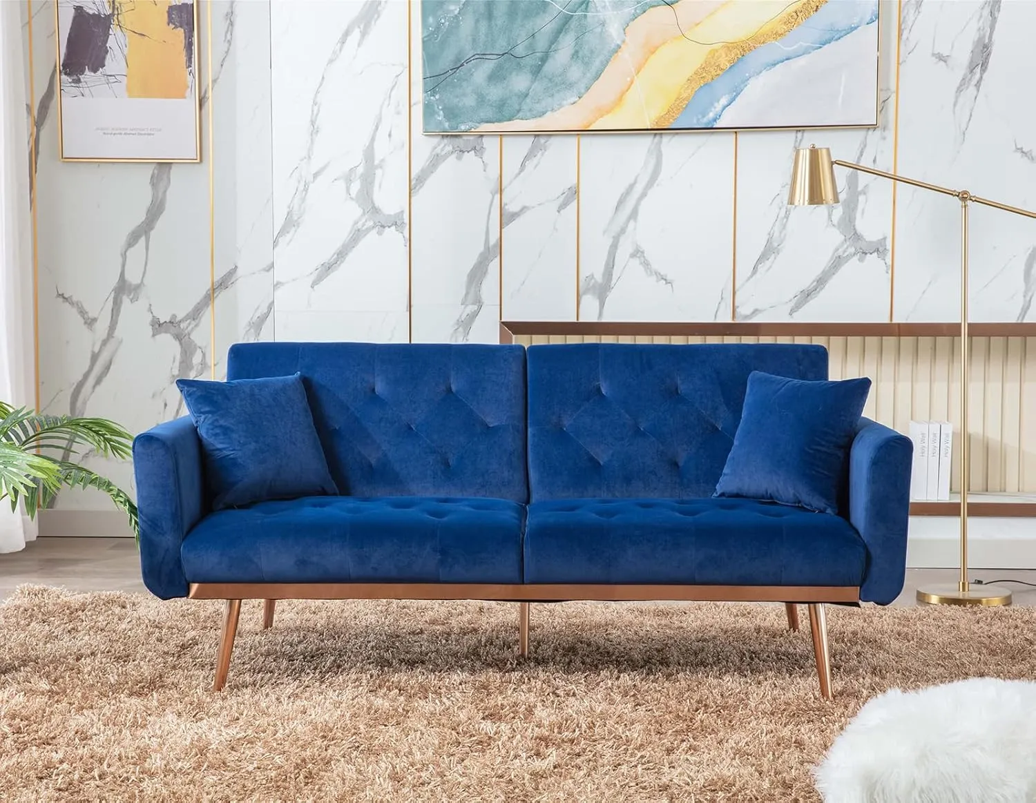 Antetek Velvet Futon Sofa Bed with 3 Adjustable Positions, Small Sleeper Sofa Loveseat with 2 Decorative Pillows, Modern Upholstered Convertible Couch with 5 Metal Tapered Legs (Navy)