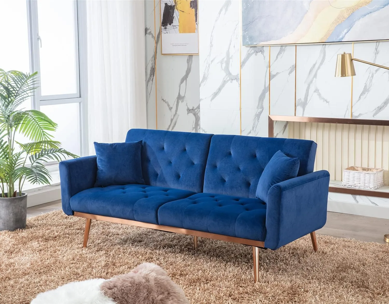 Antetek Velvet Futon Sofa Bed with 3 Adjustable Positions, Small Sleeper Sofa Loveseat with 2 Decorative Pillows, Modern Upholstered Convertible Couch with 5 Metal Tapered Legs (Navy)